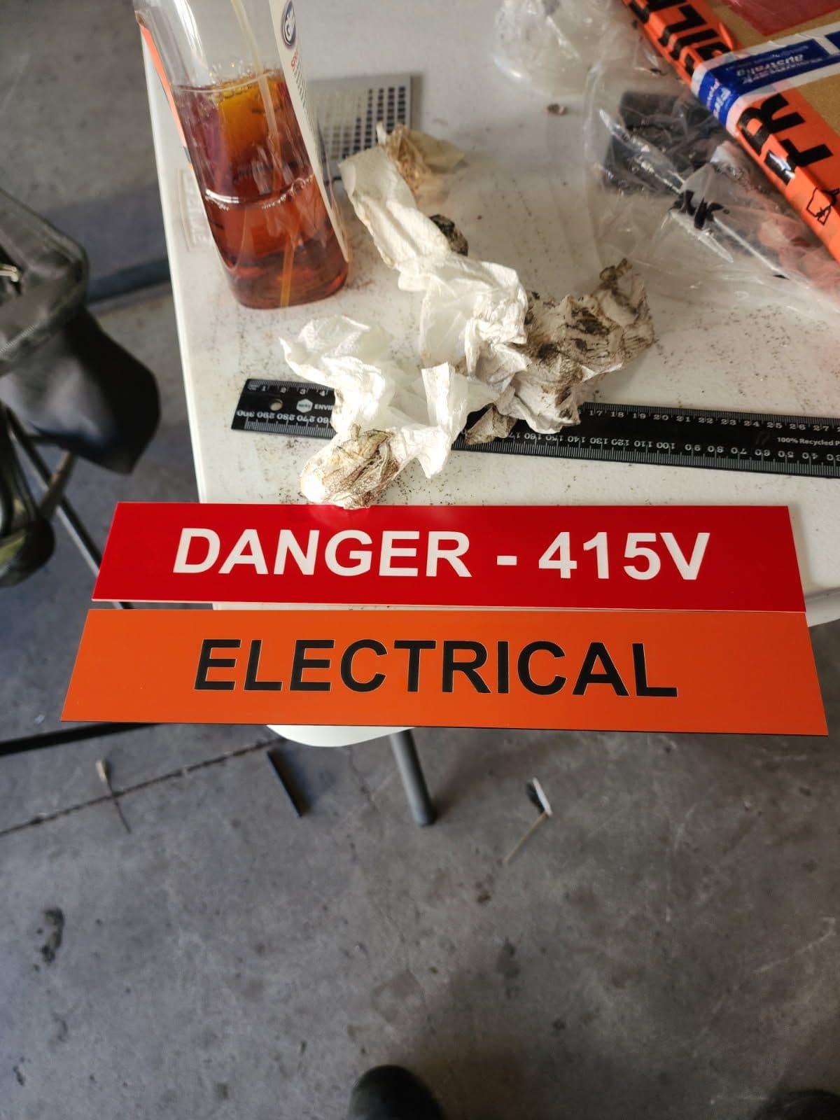 Engraved danger 415 volts warning strips for switchboards