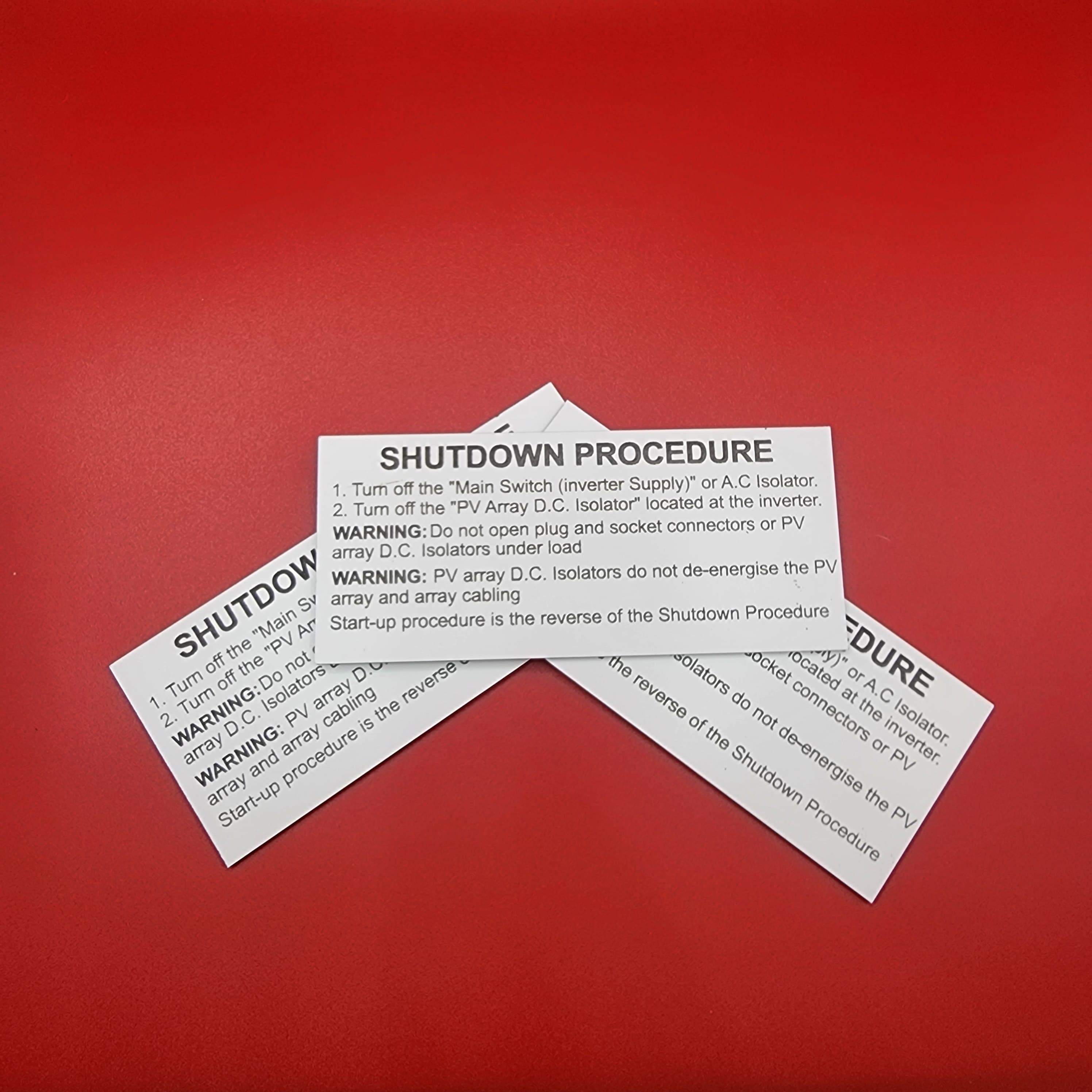 Batch of shutdown procedure labels for solar installations